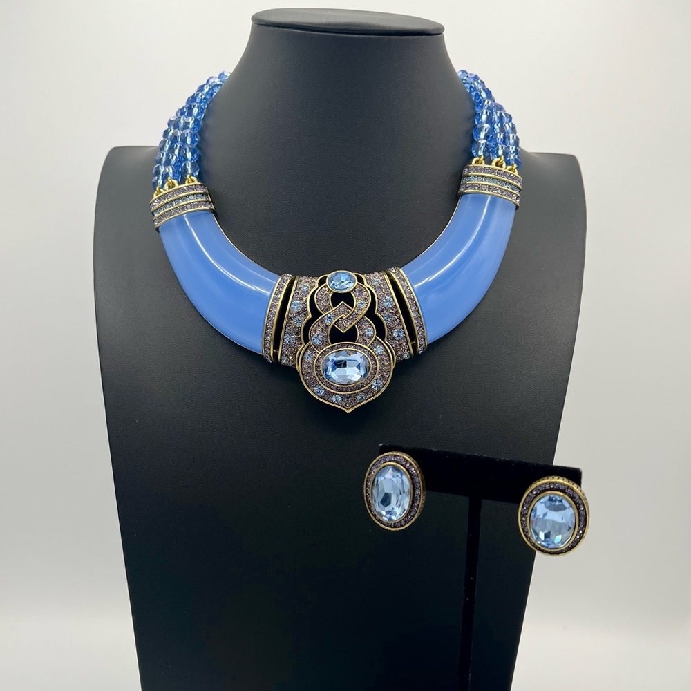 Retired Heidi Daus Blue Lucite Swarovski Crystal Statement Necklace & Earrings